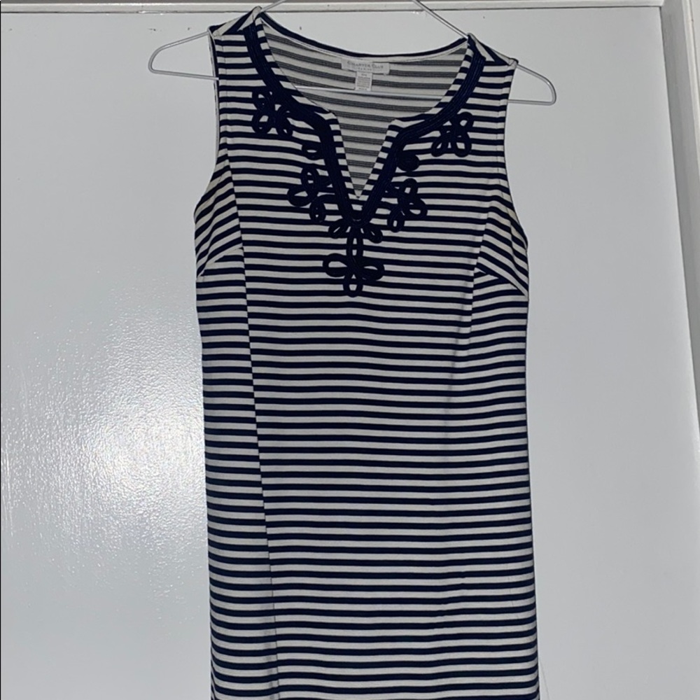 Blue and white striped dress